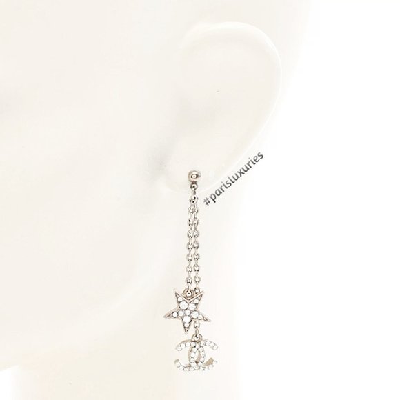 CHANEL Long Dangle Stars Crystals Rhinestones CC Chain Earrings - Picture 2 of 8